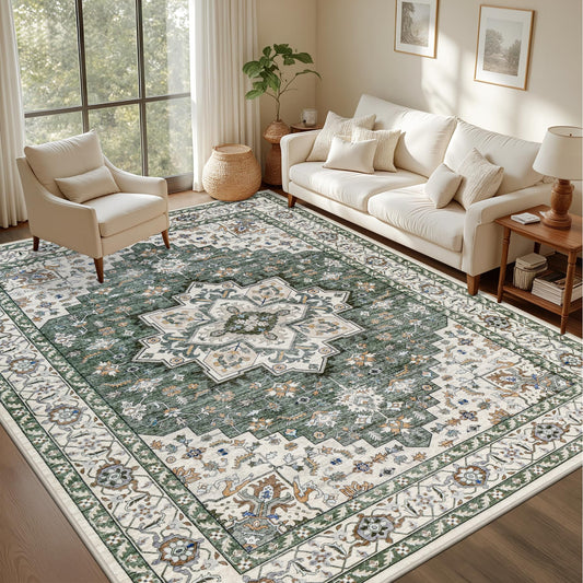 5x7 Area Rugs Living Room Rug: Washable Vintage Boho Medallion Rug No Slip Stain Resistant Soft Carpet Indoor Large Carpets for Bedroom Dining Room Farmhouse Nursery Hallway Home Office Green Ivory