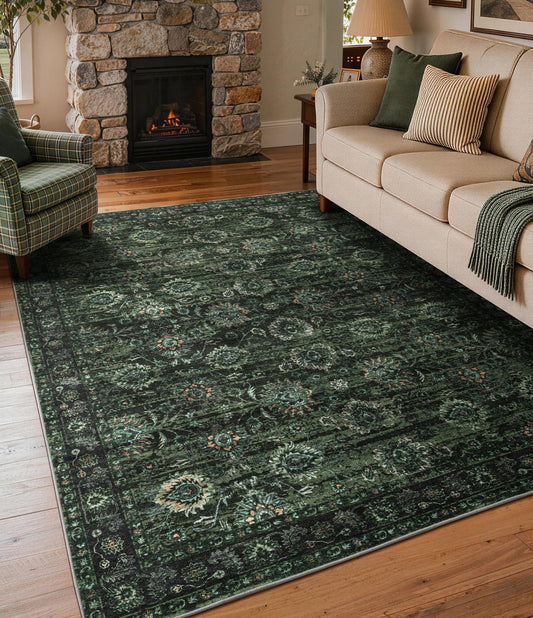 YIHOUSE Dark Green 5x7 Area Rugs for Living Room Washable, Vintage Rug for Bedroom Entryway Non Slip Low Pile, Distressed Floral Soft Carpet for Playroom Home Office Decor