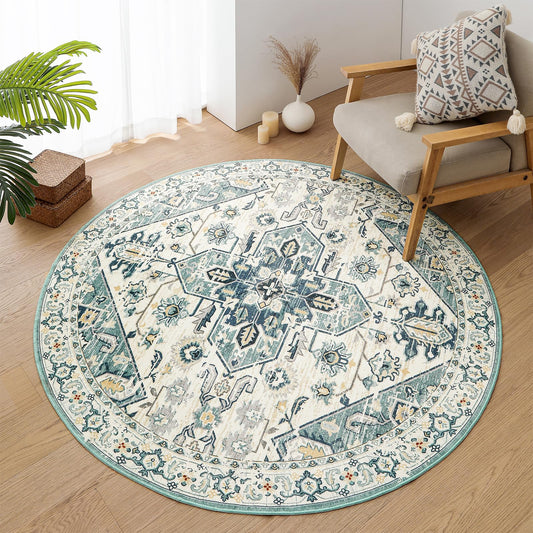 VK VK·LIVING Washable Round Rug 5ft Vintage Circle Area Rugs with Non-Slip Round Carpets for Living Room Bedroom, Stain Resistant Floor Carpets for Dining Home Office Boho Rug, Soft Sage