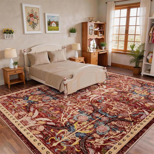 AMTOVO 8x10 Washable Area Rugs for Living Room, Non-Slip Large Soft Boho Floral Accent Rug, Vintage Pattern Printed Carpet for Bedroom Dining Room Farmhouse Nursery Room Home Office, Red