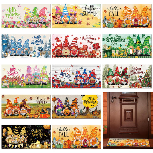 Tinideya 12 Pcs Seasonal Welcome Doormats 10 x 22 Inches Cute Seasonal Summer Independence Day Fall Doormats Decorative Festival Indoor Outdoor Non Slip Mats for All Holidays(Gnome Style)