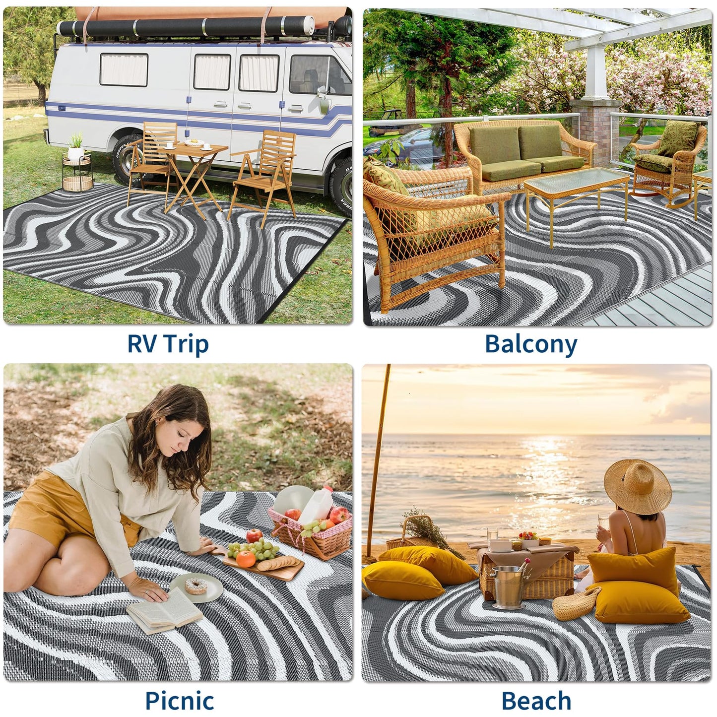 Garvee Outdoor Rug 9x18 Patio Waterproof, Abstract Outdoor Plastic Straw Rug, Camping Rugs for Outside Your RV, Reversible UV Resistant Mats with Portable Bag for Backyard, Deck, Picnic, Black Grey