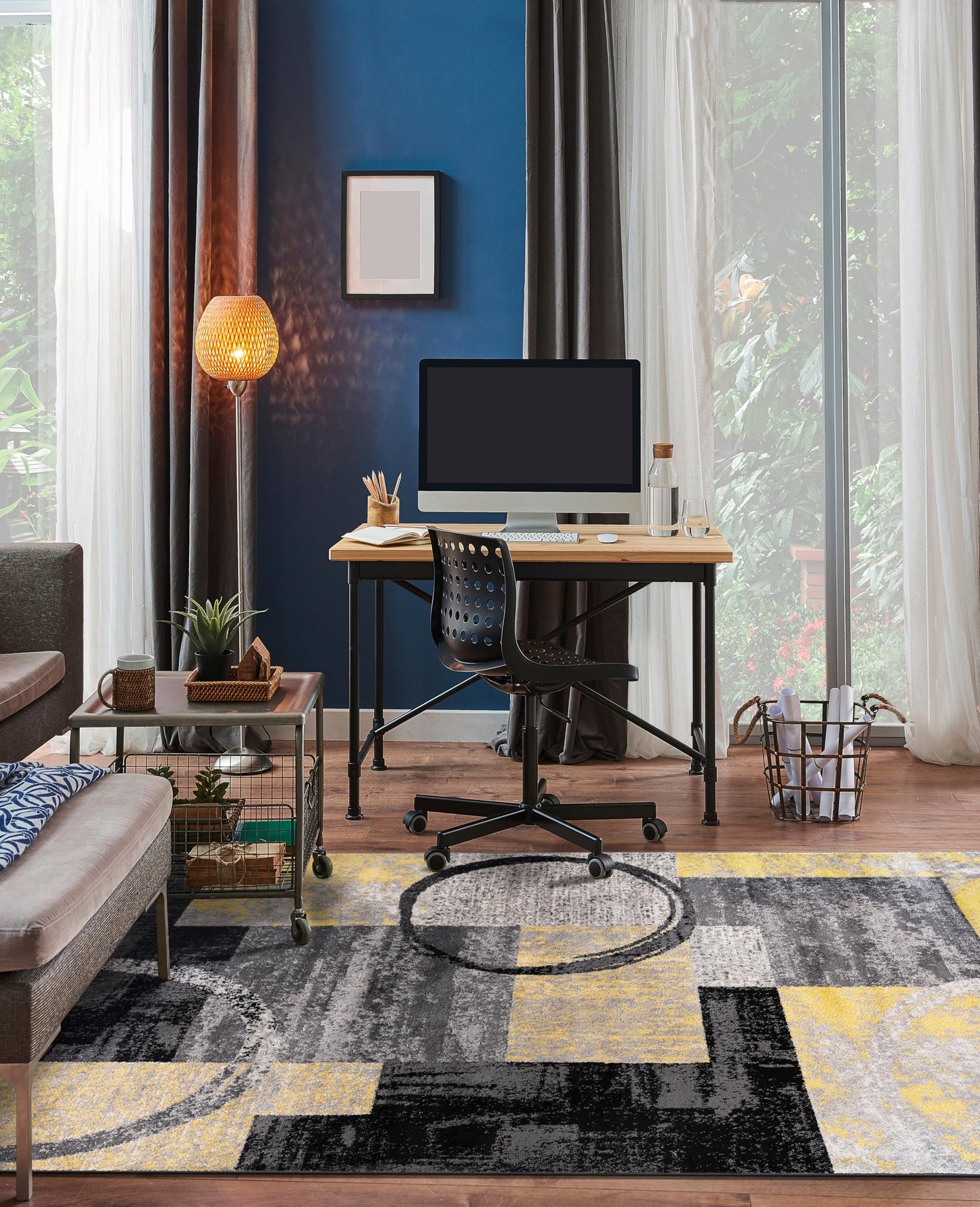 Rugshop Contemporary Circle Design Area Rug, Carpet with Jute Backing for Living Room, Bedroom, or Dining Room, Yellow, 7'10" x 10'2"
