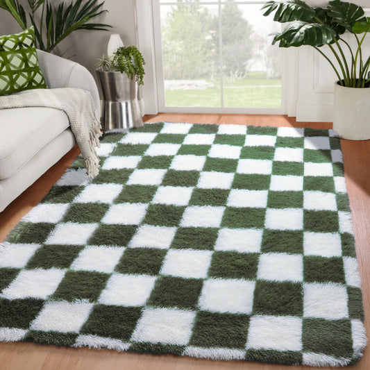 KICMOR Area Rugs for Bedroom Living Room, 4x6 Soft Fluffy Olive Green and White Checkered Shag Rug Fuzzy Shaggy Plush Bedside Carpet, Non-Slip Indoor Floor Rug for Boys Girls Room Nursery Home Decor