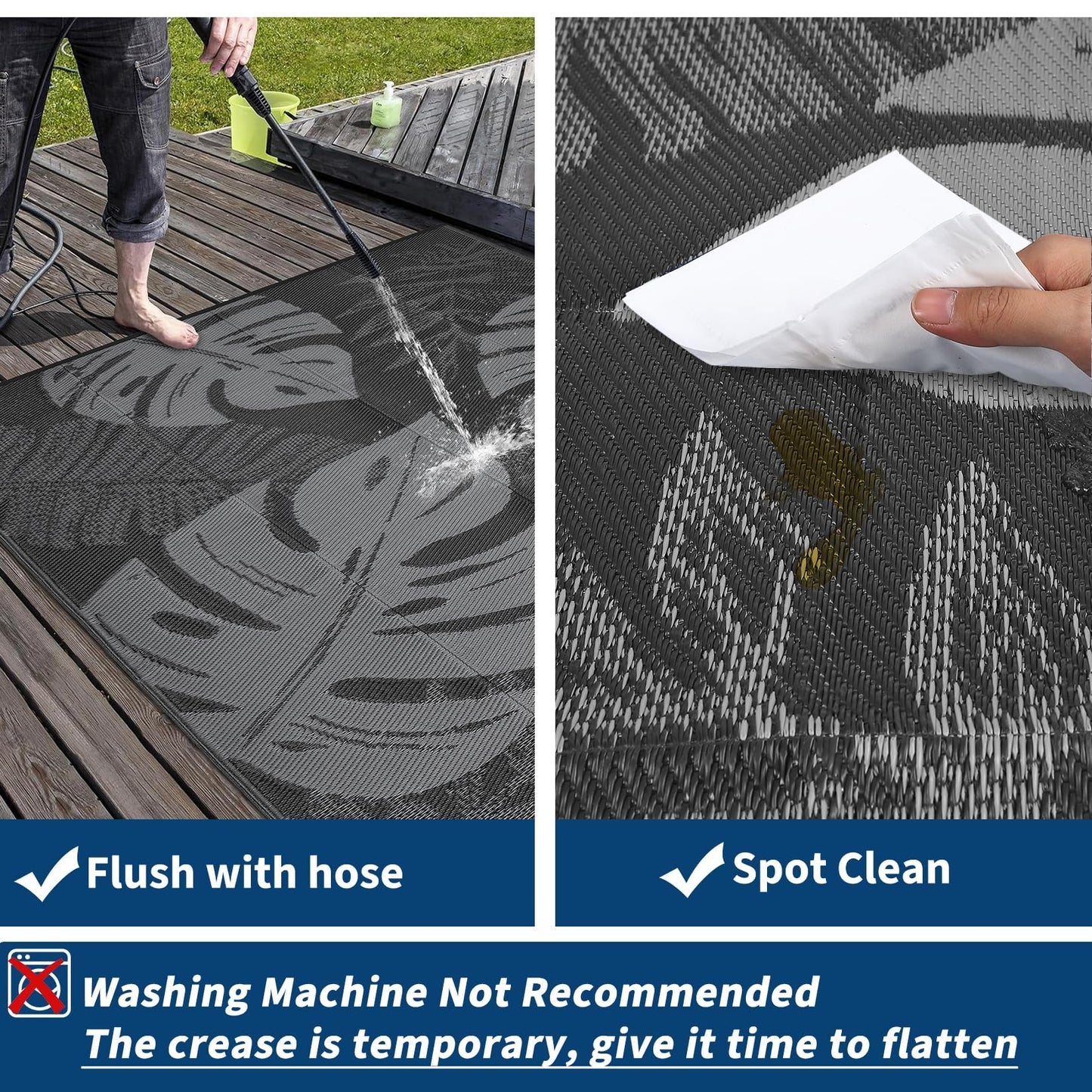 MilleLoom Outdoor Rug 8x10 Waterproof Patio Rugs Modern Leaf Print Reversible Mat for Front Door Rv Foldable Plastic Straw Carpet for Travel Trailers, Deck, Porch, Camper, Balcony, Beach，Black/Grey