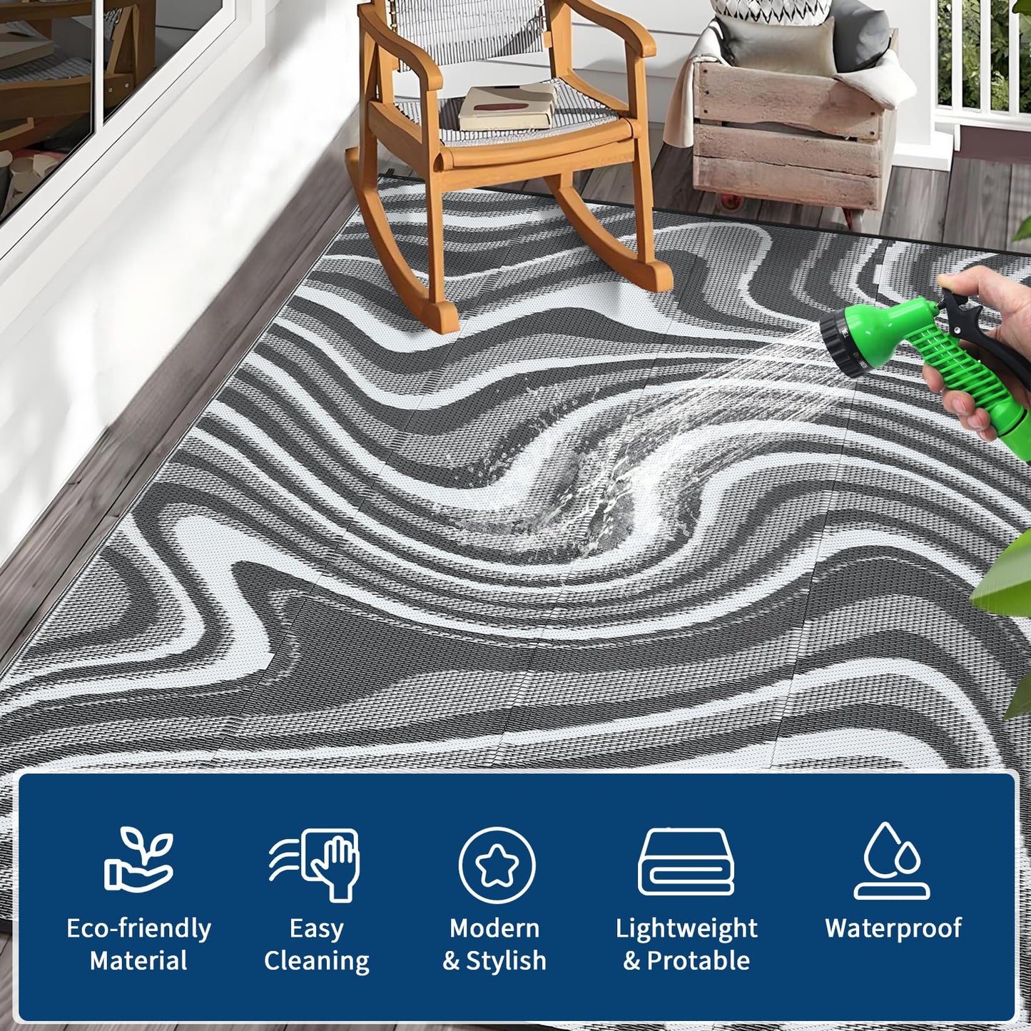 Garvee Waterproof Outdoor Rug for Camping 6x9 Abstract Outdoor Patio Rug Plastic Straw RV Rugs for Outside, Reversible UV Resistant Minimalist Mats for Picnic Backyard Deck Balcony, Black Grey