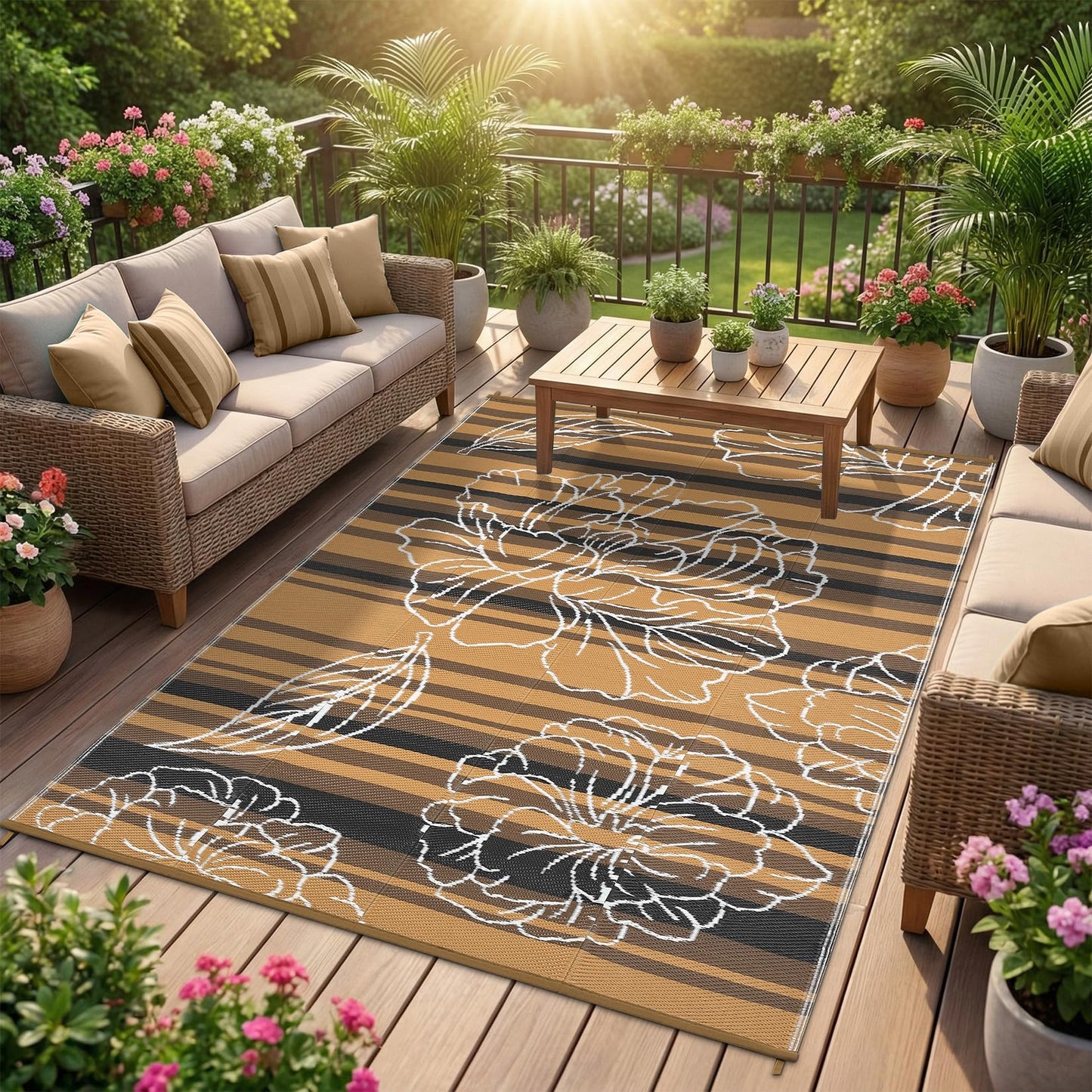 Garvee 5x8 Outdoor Waterproof Rug, Floral Outdoor Area Rug，Reversible Plastic Straw Patio Rug, Portable Camping Mat for RV, Picnic, Beach, Balcony, Garden & Camping Black&Brown