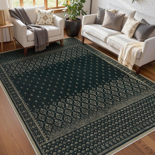 Joydeco Vintage 5x7 Area Rugs for Bedroom， Washable Boho Rug for Living Room Non Slip, Geometric Ultra-Thin Soft Indoor Floor Throw Carpet for Entryway Living Room Home Office, Black/Grey