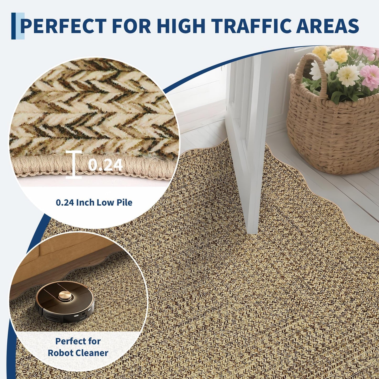 Garvee Printed Rug (Not Woven!) 8x10 Area Rugs for Living Room Non-Slip Washable Rugs, Scalloped Large Carpet, Stain Resistant Ultra-Thin Foldable Floor Cover for Nursery Dining Room