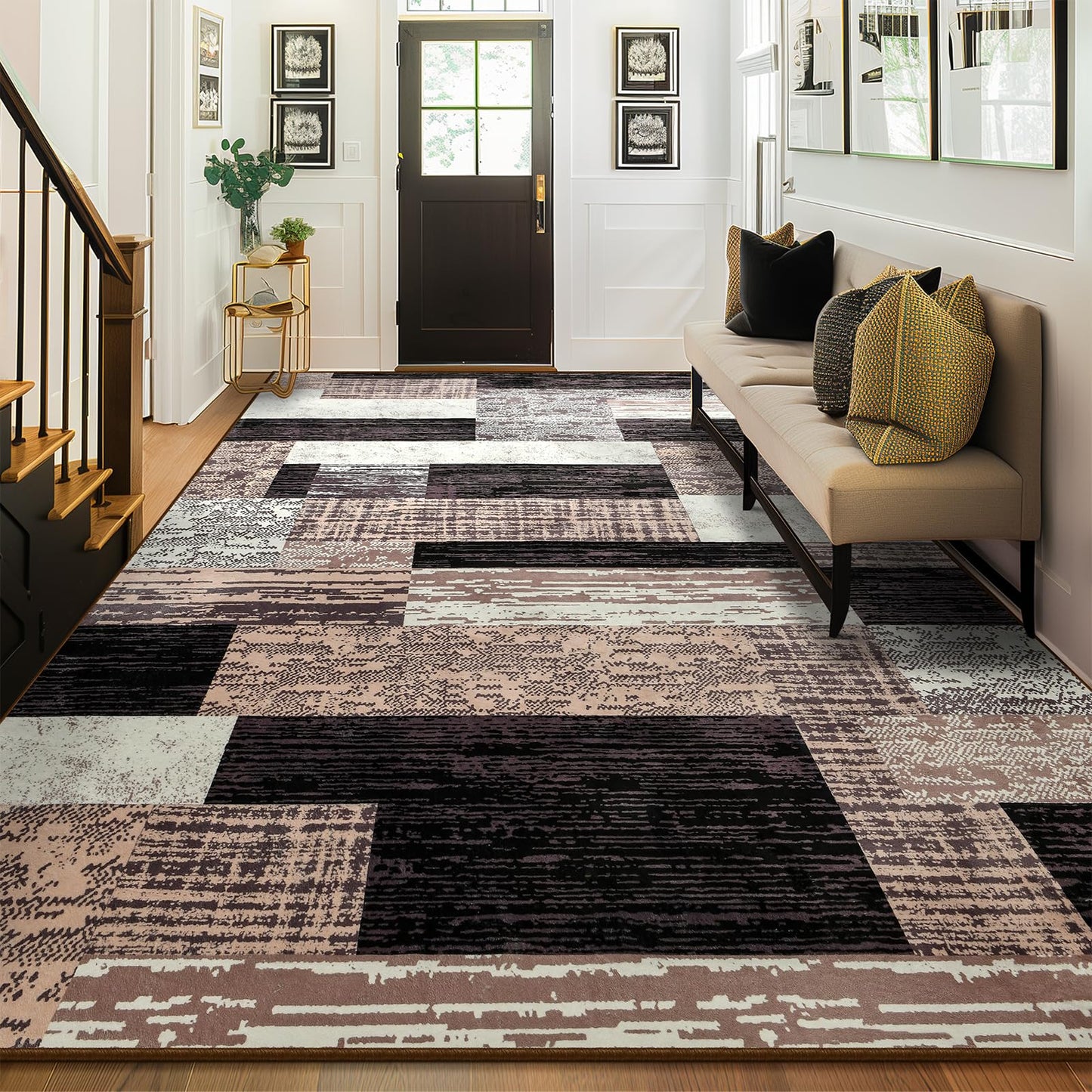 Large Area Rugs,Modern Geometric Patchwork Floor Decor for Bedroom Aesthetic Carpet, Rockwood Collection, Indoor Rugs for Living Room Dining Room Nursery Office Machine Washable Rug, 4x6 Ft Chocolate