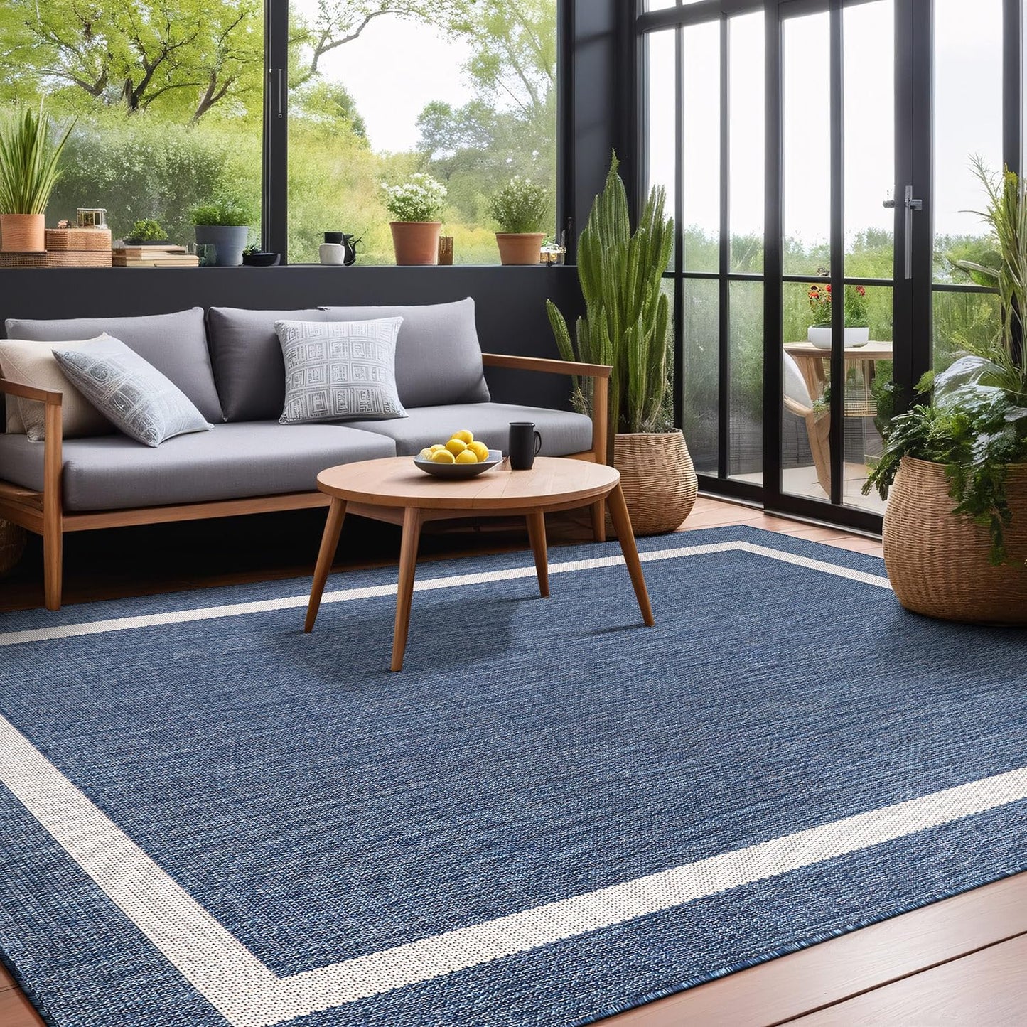 Luul Home Bordered Outdoor Rug 8x10 Washable Outside Carpet for Indoor Patio Porch Waterproof Easy Cleaning Non Shedding Area Rugs Blue 8 x 10