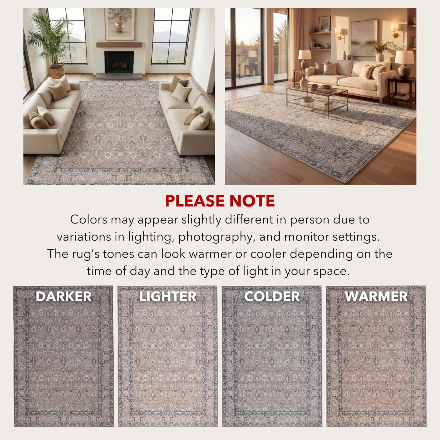 Kuden 5x7 Area Rug, Machine Washable Area Rug with Non-Slip Backing, Vintage Style, Soft, Easy Clean, Low Pile Rug for Living Room, Bedroom, Dining Room