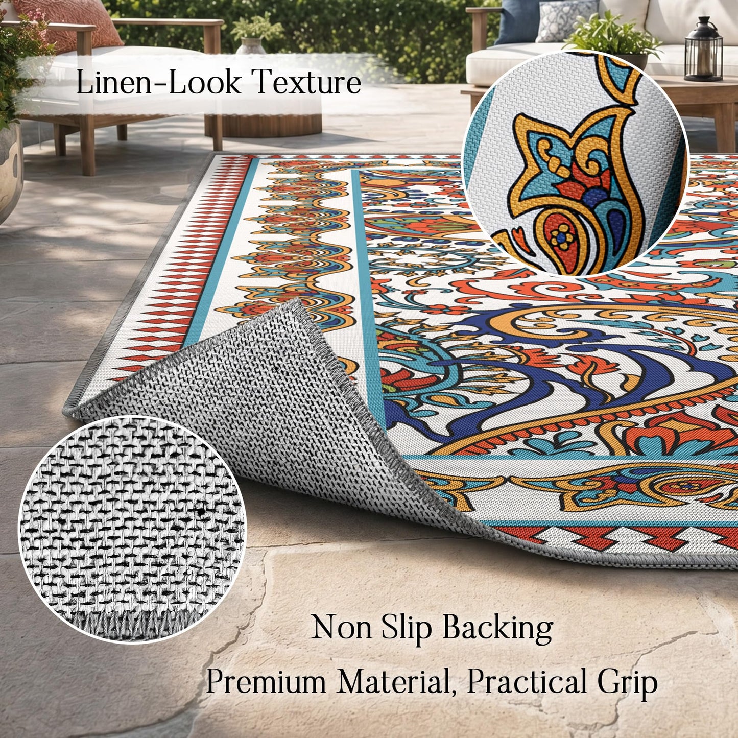 Arenarug Paisley Outdoor Rug Waterproof 8x10, UV Resistant Non Slip Patio Rug, Indoor Outdoor Boho Camping Rug Linen-Look RV Carpet for Deck Balcony Backyard, White Multi