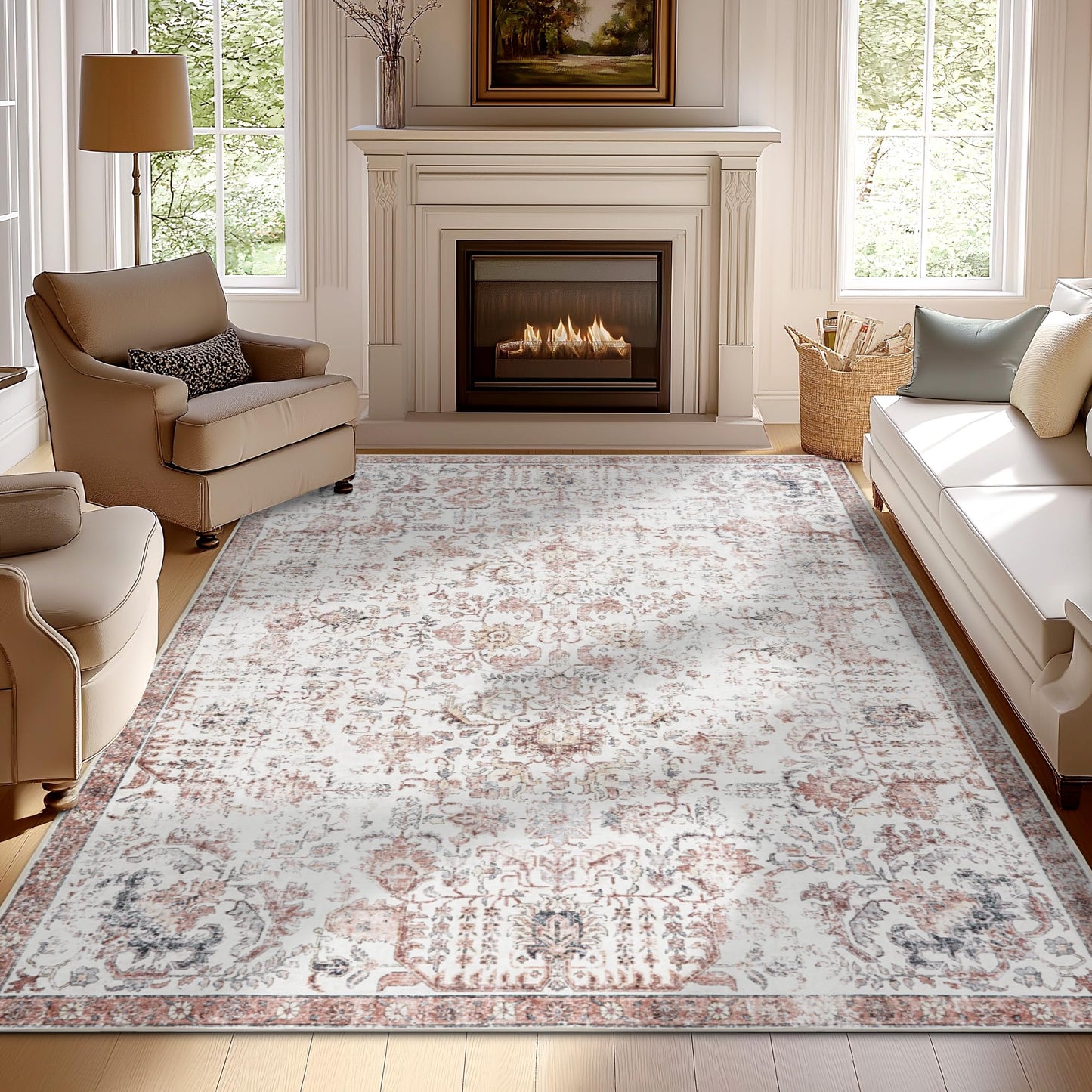 jinchan Distressed Vintage Area Rug 9x12, Soft Non-Slip Low-Pile Washable Large Living Room Rug with a Faded Medallion Pattern, Traditional Indoor Carpet for Dining Room and Bedroom, Red Multi