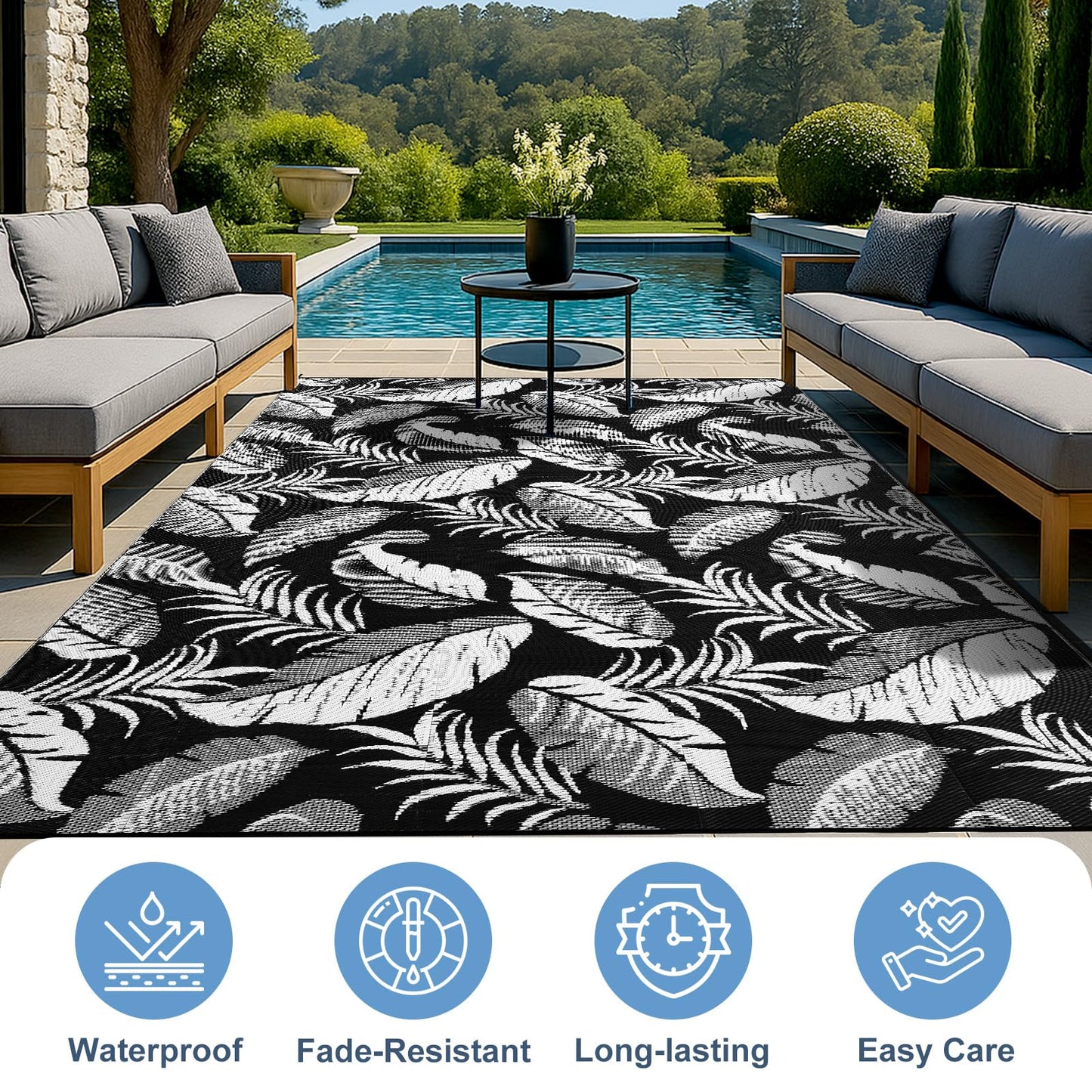 OPPODREAM Reversible Outdoor Rug 8x10, Waterproof Outdoor Plastic Straw Rug for Patio, Tropical Leaf RV Camping Rugs for Outside, Deck, Balcony, Porch, Backyard, Camping, Rv, Black and White