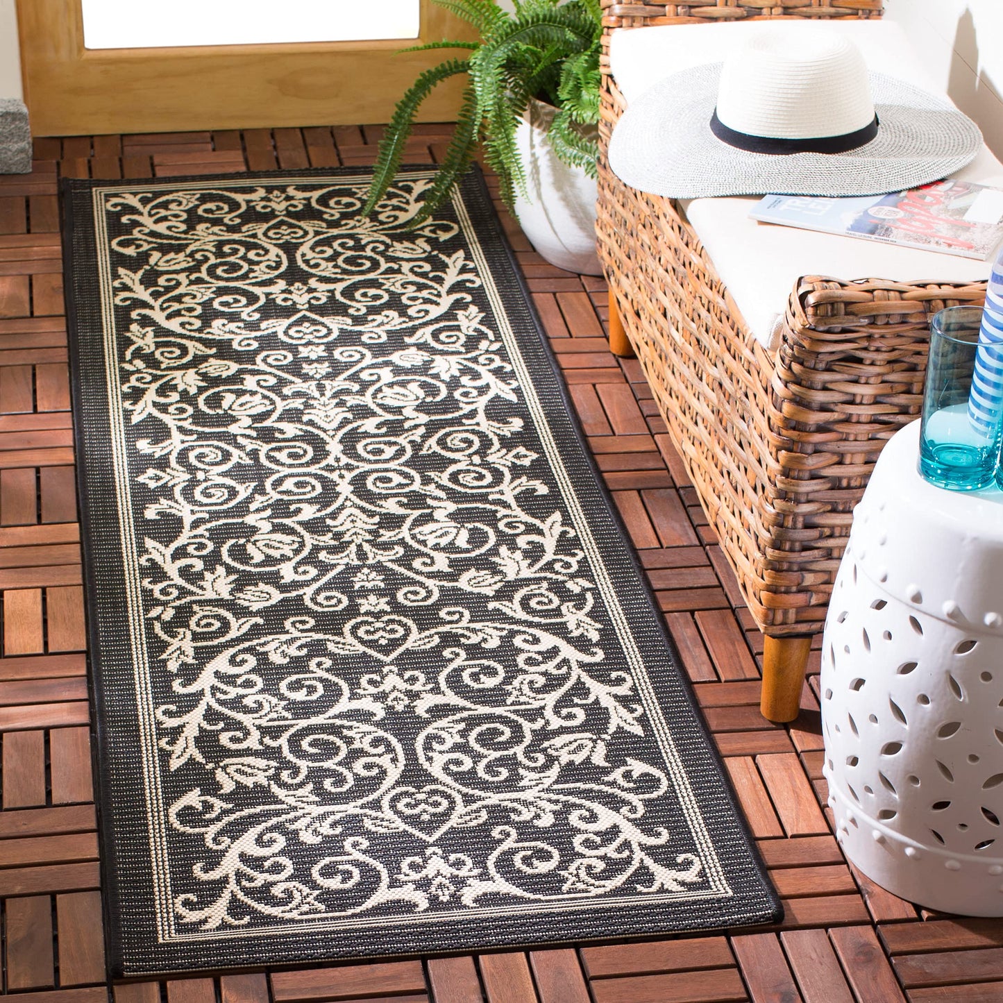 SAFAVIEH Washable Rug Outdoor Courtyard Collection - 2'3" x 12' Runner, Black & Sand, Non-Shedding & Easy Cleaning, Ideal for Patio, Entryway, Mudroom, Hallway, Kitchen (CY2098-3908)