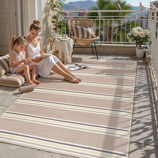 PureCozy Outdoor Waterproof 5x8 Rug for Patio Reversible Plastic Straw Beige Striped Camping Mat Outside Lightweight Large Floor Mat for RV Deck Beach Balcony Picnic Backyard Entry Porch