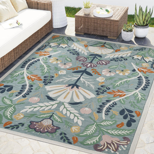 Abani Green Area Rug – 6' x 9' – Sakura Collection – Floral Pattern – Easy to Clean – Durable for Patio, Living Room, or Sunroom, Pet & Child Friendly
