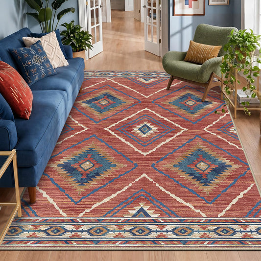 Area Rug 5x7 Rug Machine Washable Non-Slip Low Pile Print Pattern Western Rug for Living Room Bedroom Entryway Tribal Series -Red/Orange