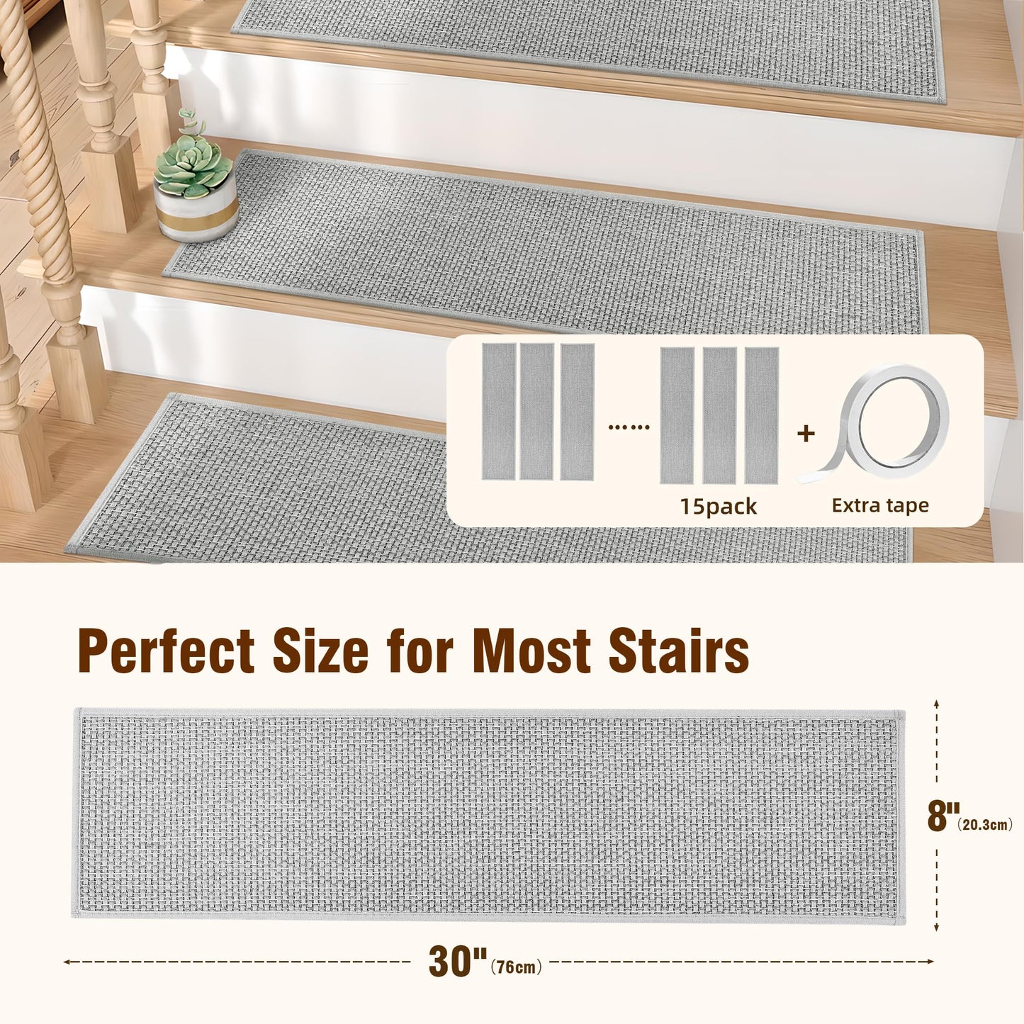 Deerly Linen Stair Treads Non Slip 15pcs Stair Runner for Wooden Steps Peel and Stick Stairs Carpet Treads Indoor Staircase Covers Mat with Self-Adhesive Backing for Pets and Kids 8"X30" Grey