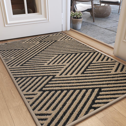 QiCaiJia Door Mat Indoor Outside Entrance 17"x30", Low-Profile Non Slip Outdoor Inside Doormat Entryway Mat, Dirt Resistant Absorbent Front Porch Welcome Entry Mats, Washable Easy Clean, Brown