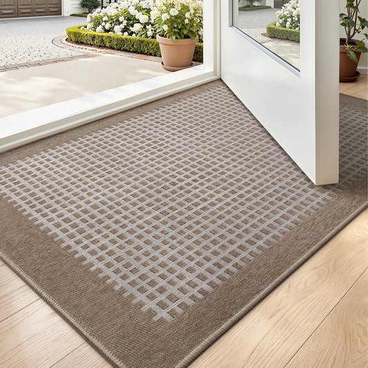LUMI Inside Door Mat for Entry 24''x36'', Absorbent, Dirt Trapper, Low Profile Thin, Non Slip Mats with Rubber Backing, Ideal for Indoor, High Traffic, Garage, Entrance, Checkered Beige