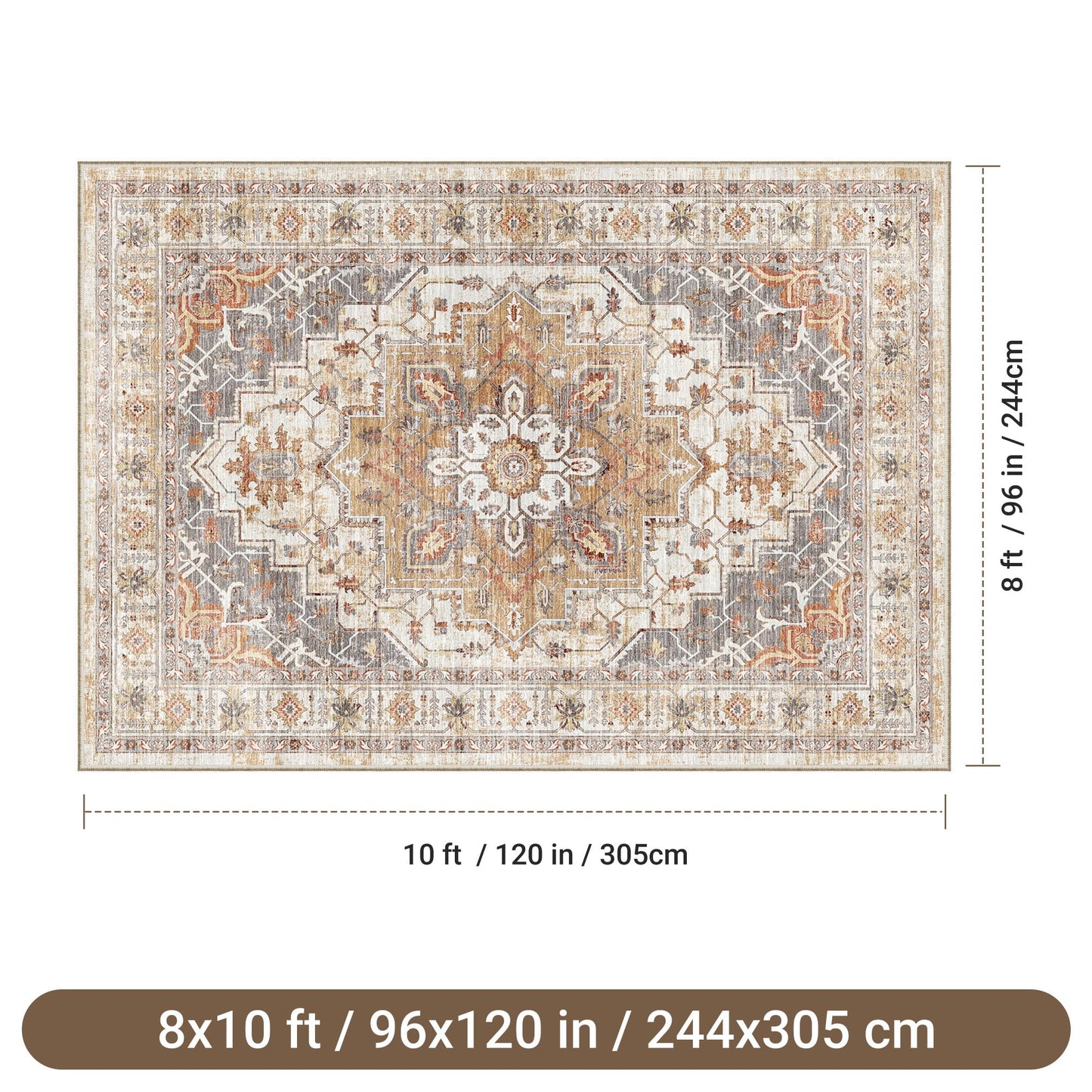 befbee Washable Area Rug 8x10, Large Soft Rugs for Living Room Stain Resistant Non-Slip Backing Rugs for Bedroom, Vintage Clearance Large Area Rug (Turmeric/Grey,8'x10')
