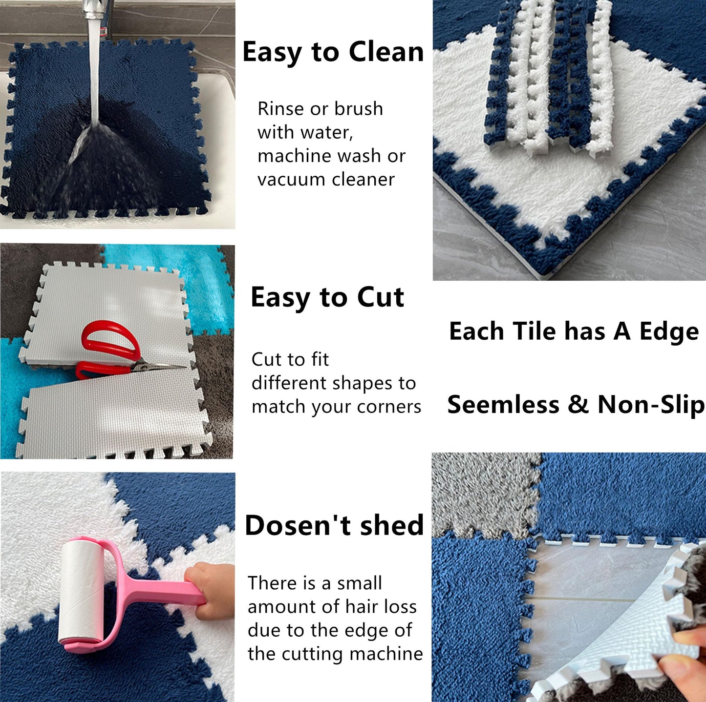16 Pcs Kids Foam Interlocking Carpet Tiles with Border, Thick Carpet Squares Plush Floor Playmats Baby Crawling Rug - 49" x 49" (Navy Blue, 16 Tiles)