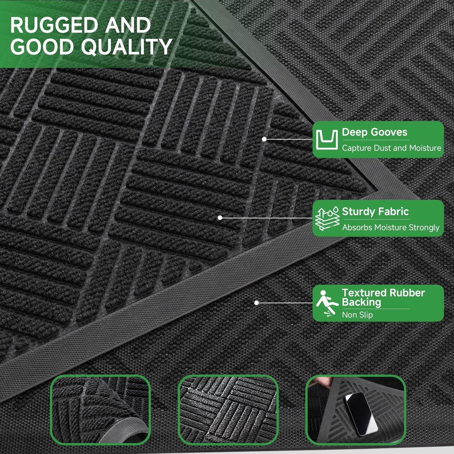 100pointONE Front Door Mat, Heavy Duty Indoor Outdoor Doormat, 60" x 36" Low Profile Outdoor Mats for Home Entrance, Stain and Fade Resistant Welcome Mat Ideal for High Traffic Area, Diamond Black