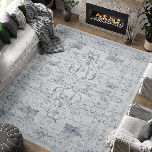 jinchan 6x9 Area Rugs for Living Room Washable Soft Throw Rug Ultra-Thin Stain Resistant Non-Slip Distressed Vintage Floral Large Carpet for Bedroom, Dining Room, Home Office, Nursery (6x9ft, Grey)