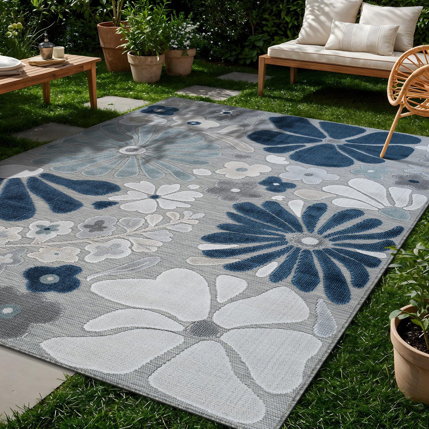 Beverly Rug Outdoor Rug 5x7 Modern Floral Tropical Area Rugs for Outdoor and Indoor Patio Easy to Clean Non Shedding Living Room Porch Garden Washable Outside Carpet (5 x 7 Blue)