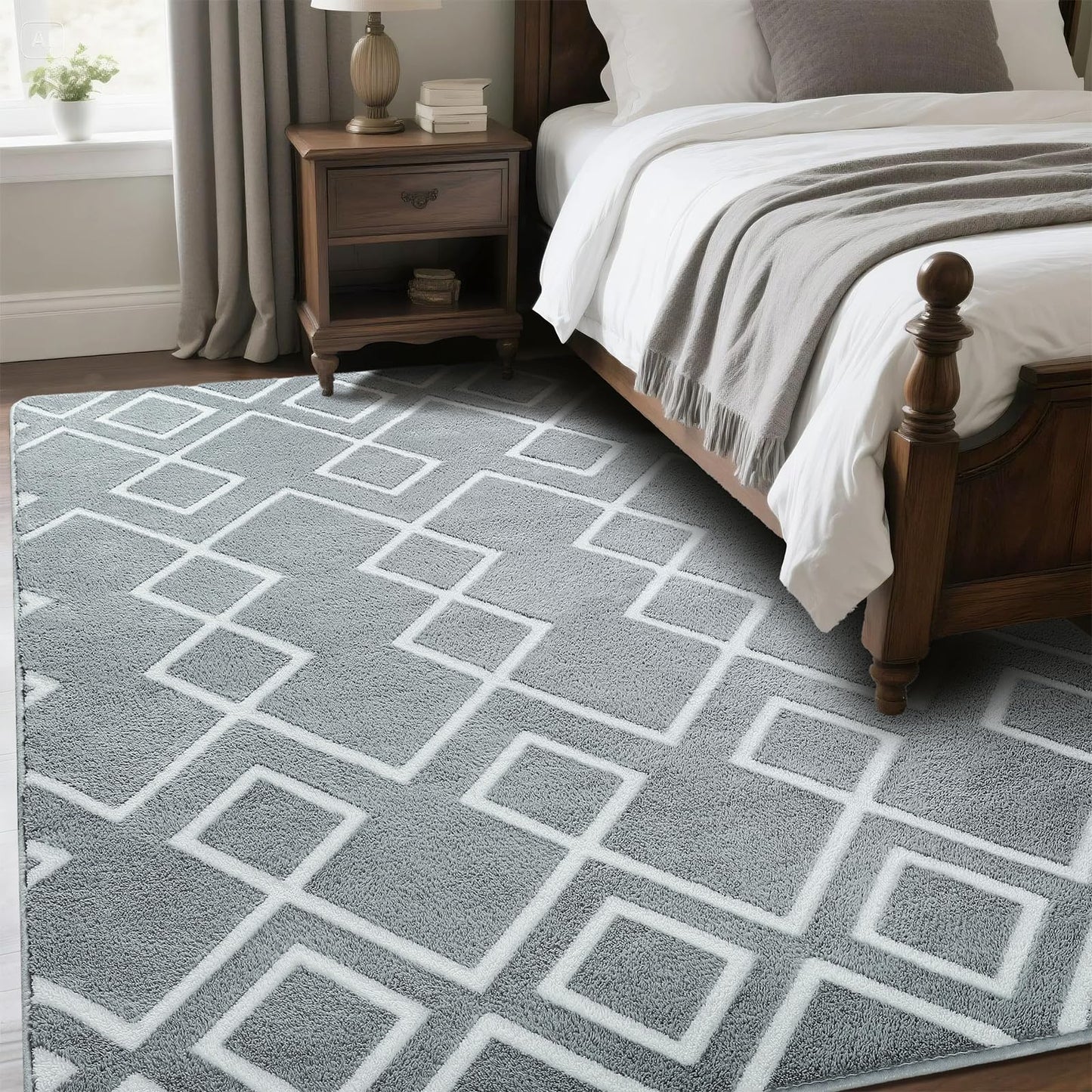 Rtizon Soft Area Rug for Bedroom, 4x6Ft Moroccan Rugs for Living Room, Geometric Non-Slip Carpet with Memory Foam for Boys Girls's Bedside Office Dorm Hallway, Grey and White