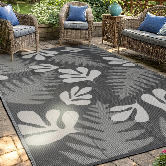 wikiwiki Outdoor Rug, 5x8ft Waterproof Reversible Mat Indoor Outdoor Rugs Carpet, Small Area Rug Plastic Straw Rug for Patio Deck Balcony Pool RV Camping Beach Picnic, Grey Leaves, Rugscape Series