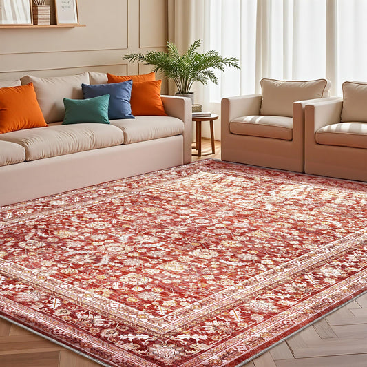 OPPODREAM Vintage Red Area Rugs 8x10, 8 x 10 Retro Washable Rug Non Slip, Low-Pile Faux Wool Carpet, Distressed Floor Mat for Living Room, Bedroom, Office, Dorm, Dinning Room, Big & Large