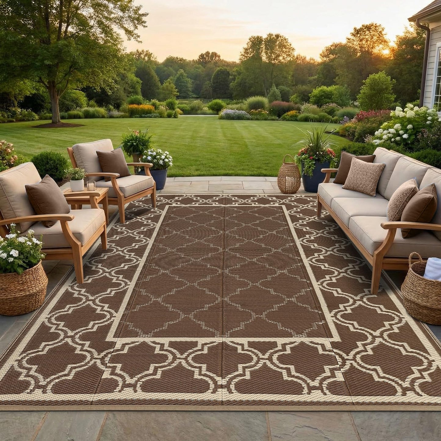 Garvee Reversible Outdoor Rug 8x10, Waterproof Outdoor Plastic Straw Rug with Interlacing Pattern, RV Mat for Picnics, Patio, Camping, Balcony, Deck, Backyard, Porch, Brown
