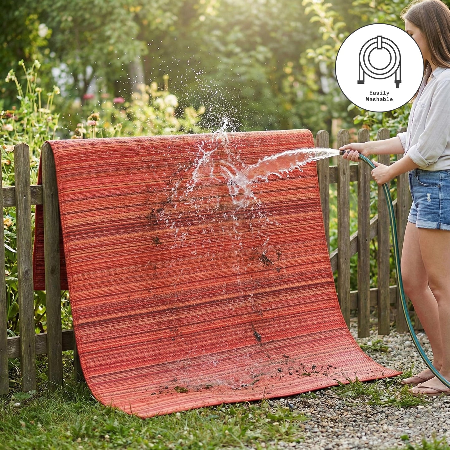 Fab Habitat Striped Outdoor Rug - Waterproof, Fade Resistant, Crease-Free, Reversible - Premium Recycled Plastic - Patio Porch Balcony Deck - Cancun Sunset - 8x10 ft