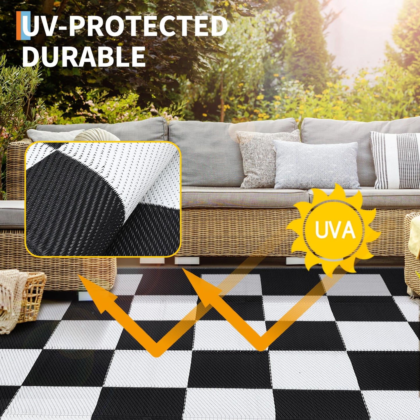 GarveeHome Outdoor Rug 8 x 10 Waterproof Checkboard Woven Carpet, Large Reversible Plastic Straw Rug, Foldable Modern Geometric Plaid Outside Camping Rug for Picnic, Backyard, Deck, Black White