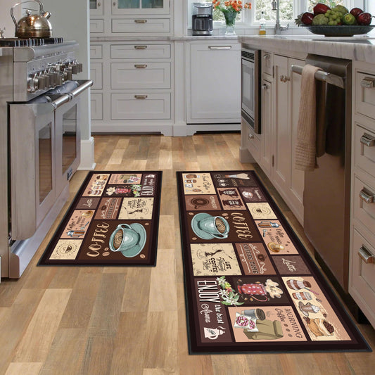 JWXCBIM Coffee Kitchen Rug 2 Piece Set, Farmhouse Style Decor Kitchen Floor Mat, Non-Slip Absorbent and Washable Runner Rug, Coffee Vintage Kitchen Decoration 17x30+17x47 Inches