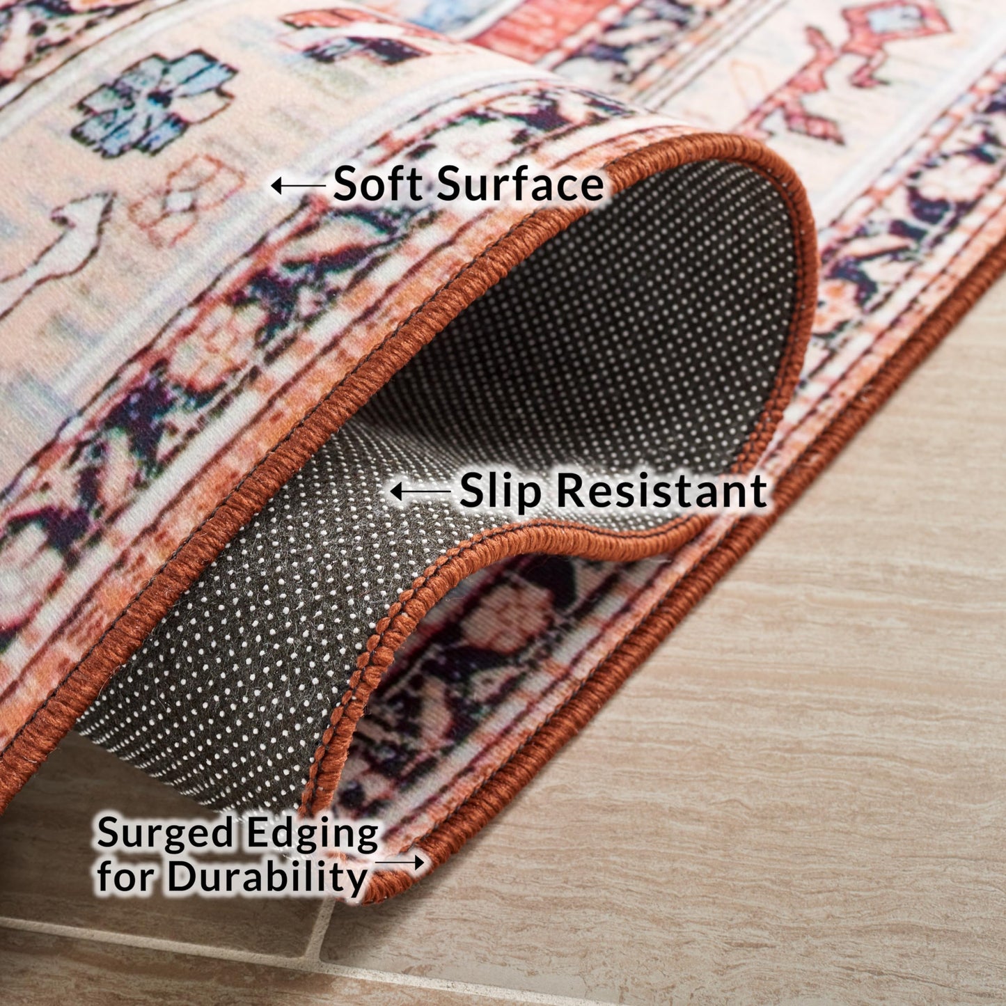 SAFAVIEH Washable Rug Tucson Collection - 5' Square, Beige & Blue, Slip Resistant & Easy to Clean, Ideal for Living Room, Bedroom, Dining Space (TSN104B)