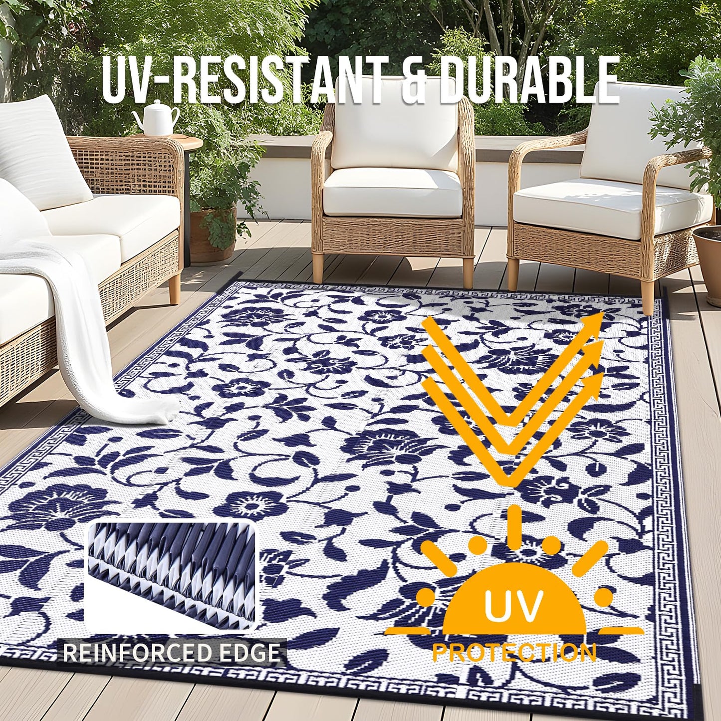OLANLY Waterproof Outdoor Rug 9x12 ft, Outdoor Plastic Straw Rug with Flower Pattern, Reversible RV Mat for Patio, Camping, Balcony, Deck, Backyard, Navy & White