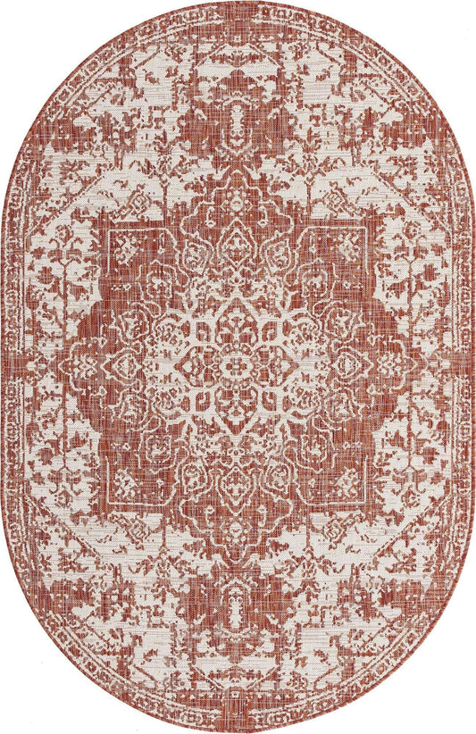 Unique Loom Jill Zarin Outdoor Collection Area Rug - Dubai (5' 3'' x 8' Oval, Rust Red/ Ivory)