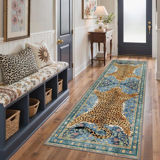 Bavni 2x6 Leopard Rug, Soft Cheetah Rug Animal Print Kitchen Rug Washable Runner Rug Non Slip, Low Pile Runners for Hallway Print Woodland Jungle Carpet for Entryway Playroom Bedroom, Blue