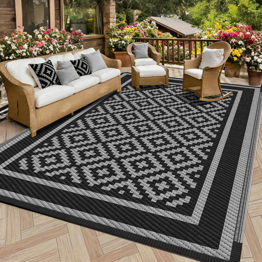Kohree RV Outdoor Rug 8x10 Reversible, Waterproof Patio Mat with 4 Stakes & UV Fade Resistant, Non-Slip Outdoor Camping Mat for Deck, Picnic, Backyard, Includes Carry Bag (Black & Grey)