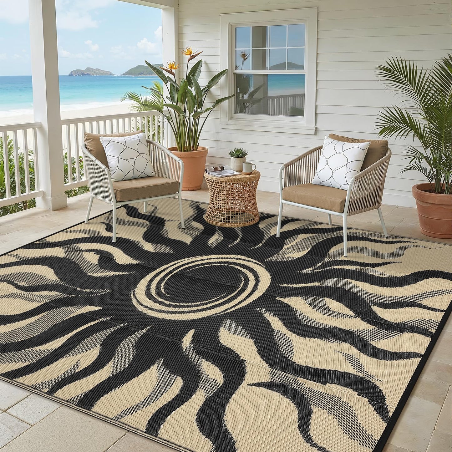 Garvee Outdoor Rug 6x9 Waterproof Patio Rugs with Boho Sun Pattern, Reversible Plastic Straw Camping Rugs Outdoor Indoor RV Mat Carpet for Deck, Backyard, Picnic, Porch, Balcony, Beach, Black