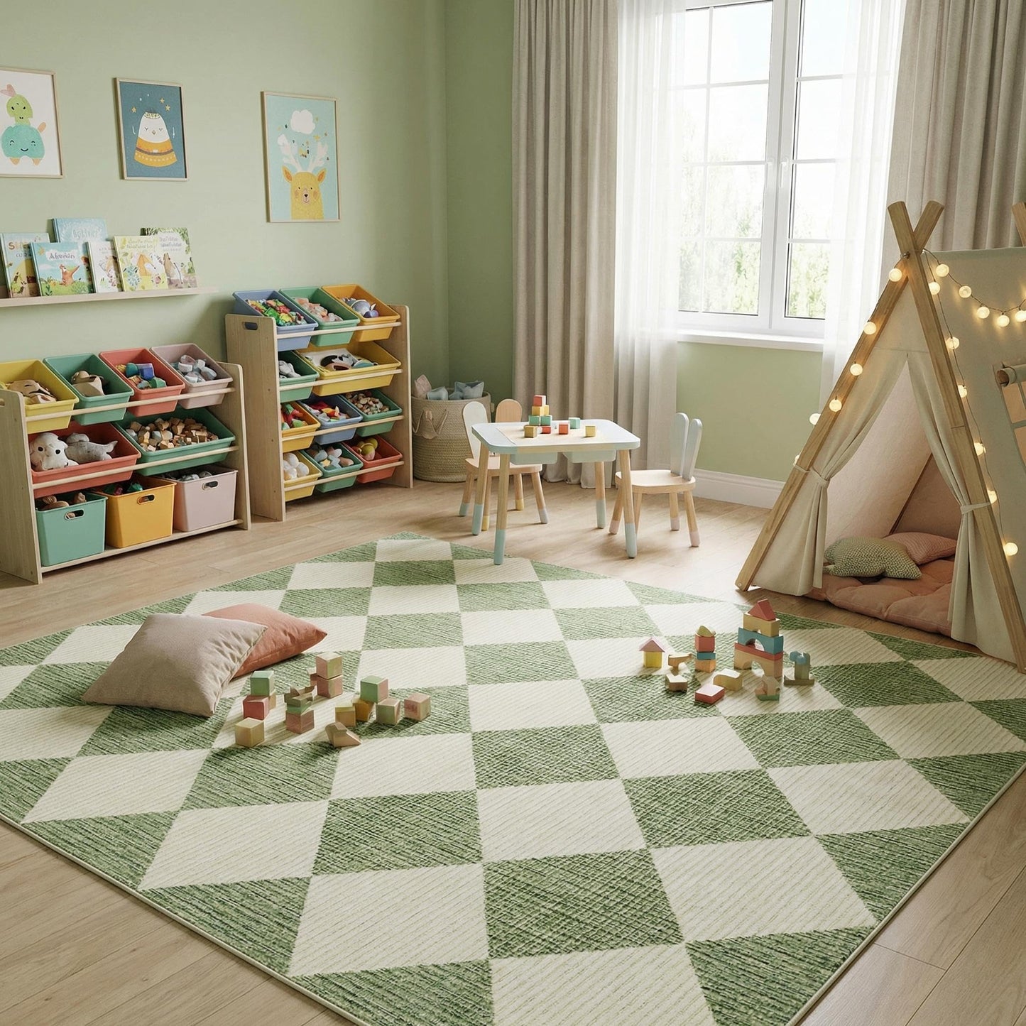 GarveeHome 5x7 Modern Checkered Area Rug, Sage Green Washable Rugs for Living Room Bedroom, Soft Low Pile Non Slip Diamond Floor Mat Plaid Print Throw Rug Indoor Carpet Dining Room Playroom