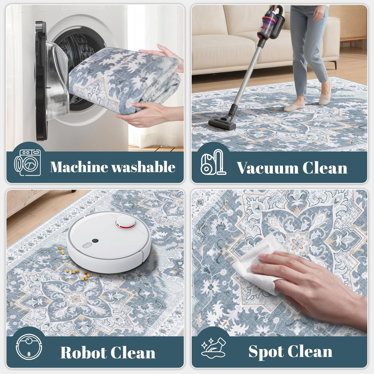 TTelephant 4x6 Area Rug, Soft Non-Slip Vintage Medallion Rug, Low-Pile Printed Indoor Washable Area Rugs for Living Room, Bedroom Bedside, Entryway, Kitchen -Blue/Gray