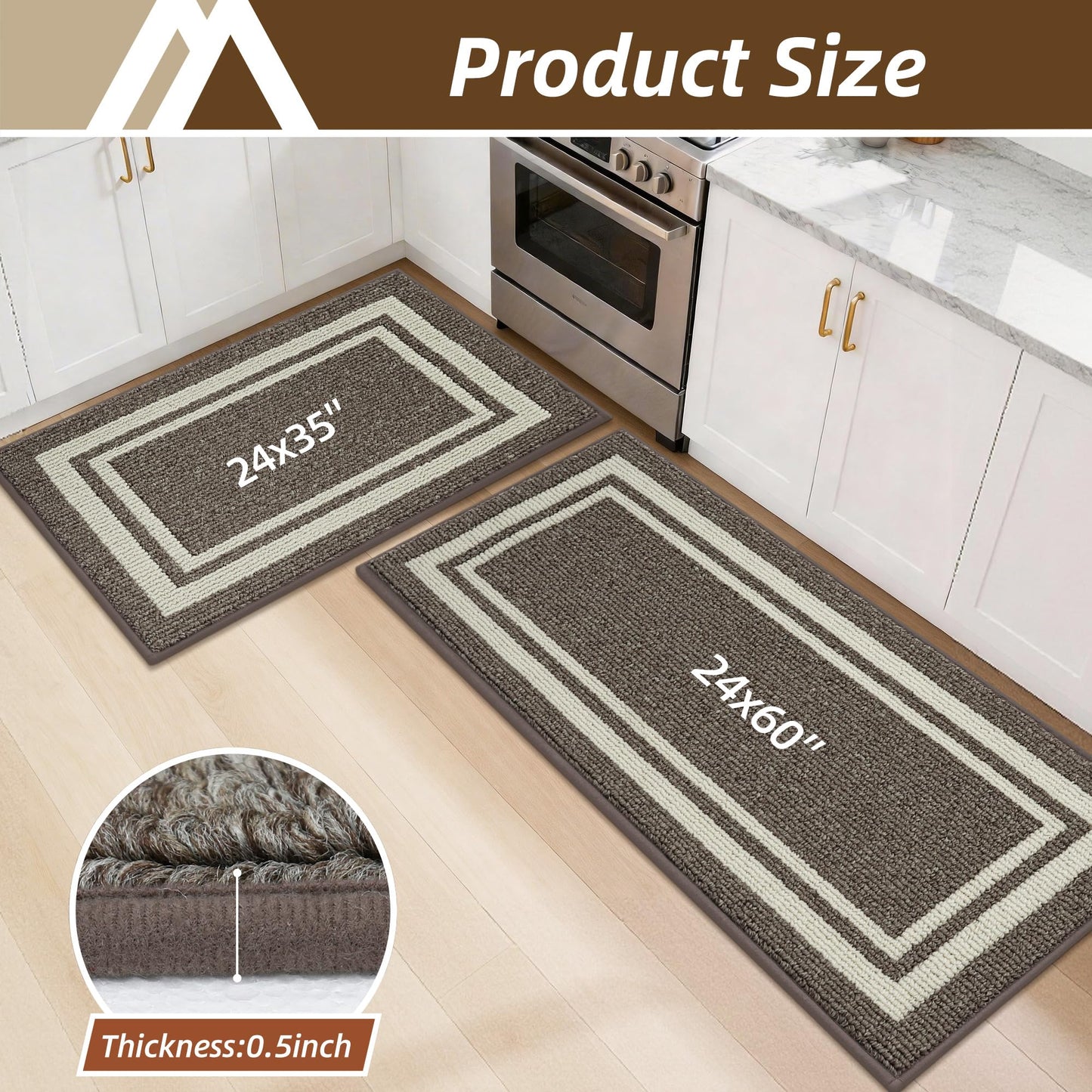 COSY HOMEER Kitchen Rugs Non-Slip 24x35/24x60 Inch Thick Polypropylene Standing Mat for Home Machine Washable, Brown Frame