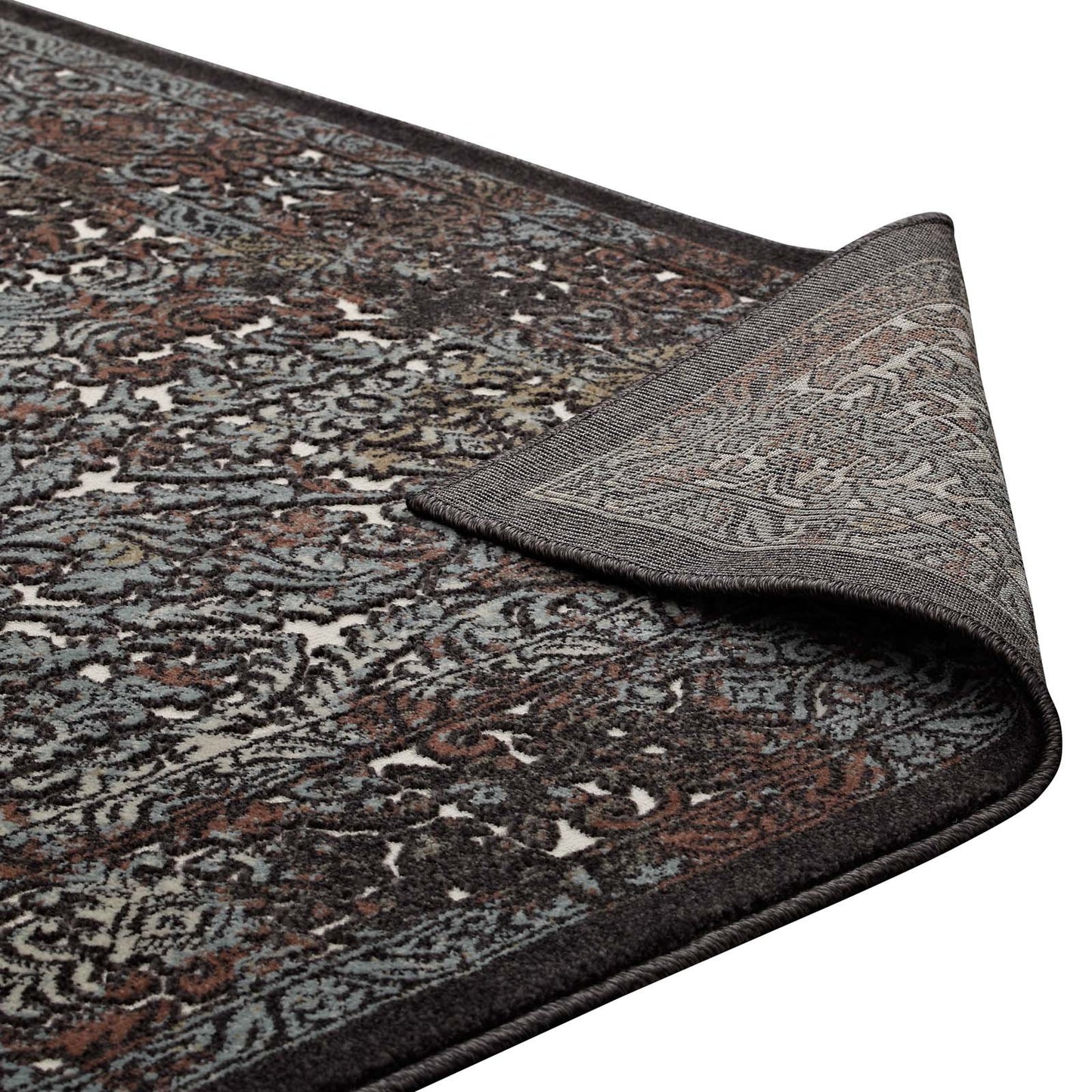 Modway Westia Ornate Turkish 5x8 Vintage Area Rug in Dark Brown and Silver Blue