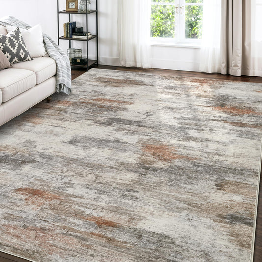 Boraya Area Rugs for Living Room: 8x10 Washable Neutral Modern Rug for Bedroom Large Soft Abstract Dining Room Rugs Indoor Floor Low Pile Carpet for Home Office Nursery - Rust Grey