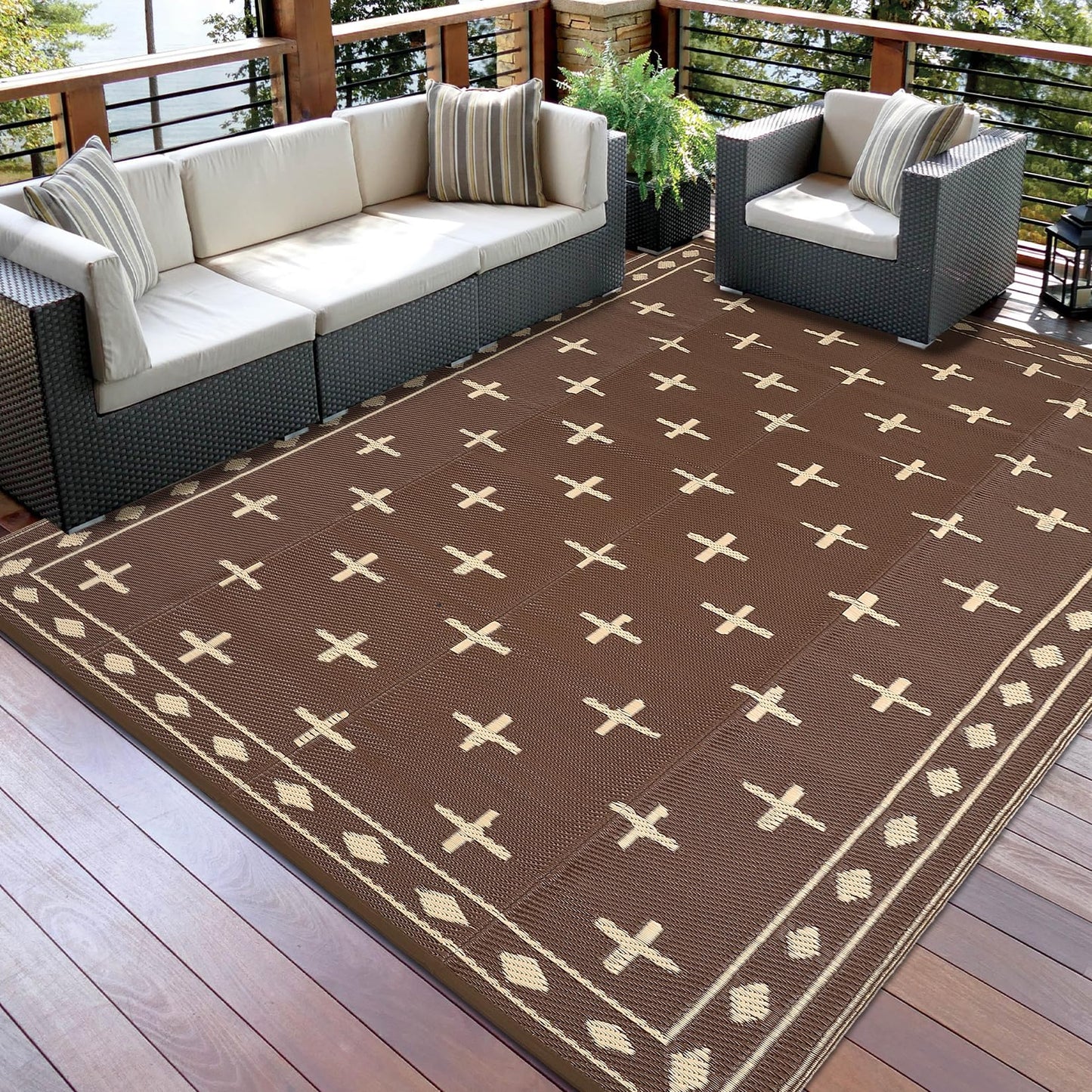 GarveeHome 8'x10' Outdoor Camping Rug – Waterproof, Sand-Free & Foldable – Portable RV Mat for Patio, Beach, Picnic – Reversible Plastic Floor Mat with Carry Bag, UV Resistant, Brown